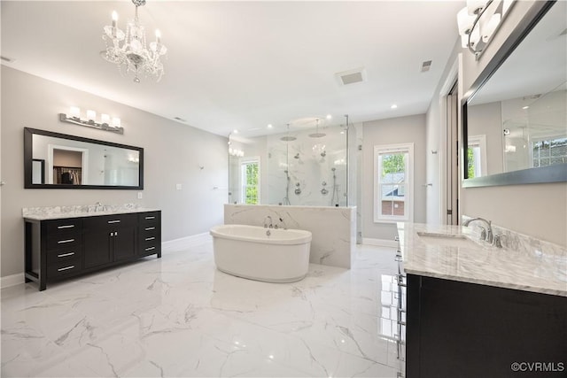 bathroom with a sink, a chandelier, a marble finish shower, marble finish floor, and visible vents