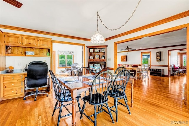 dining room with crown molding, light wood finished floors, plenty of natural light, and ceiling fan