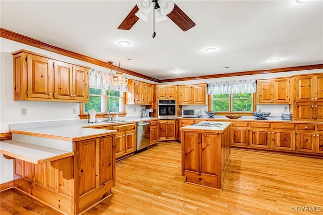 kitchen featuring crown molding, a sink, a ceiling fan, and stainless steel appliances