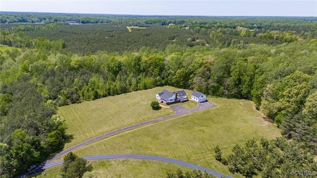 bird's eye view with a wooded view