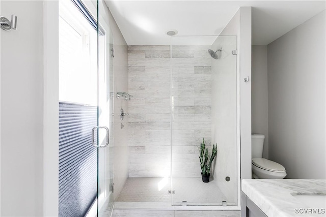 full bath with vanity, a stall shower, and toilet