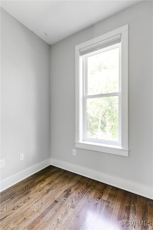 spare room with baseboards, plenty of natural light, and wood finished floors