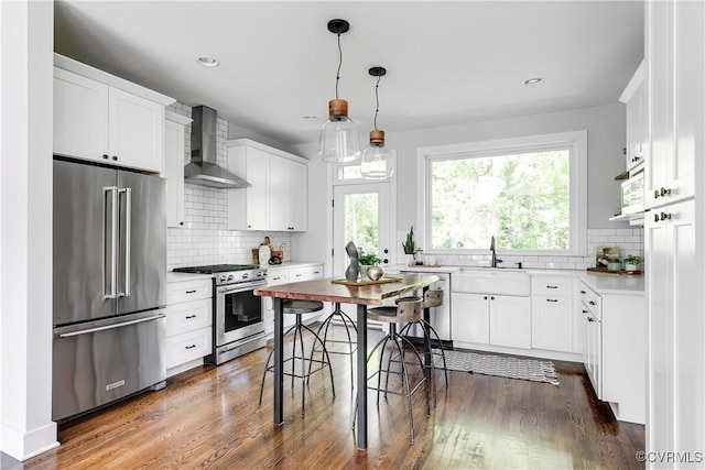 kitchen featuring a sink, high end appliances, backsplash, and wall chimney exhaust hood