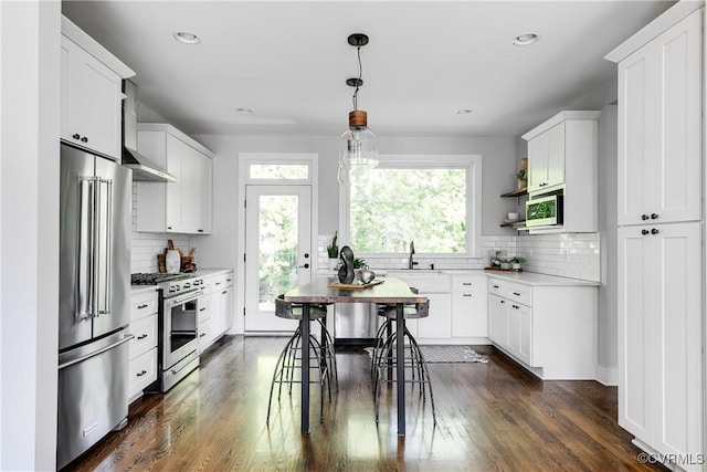 kitchen with a sink, light countertops, decorative backsplash, and high quality appliances