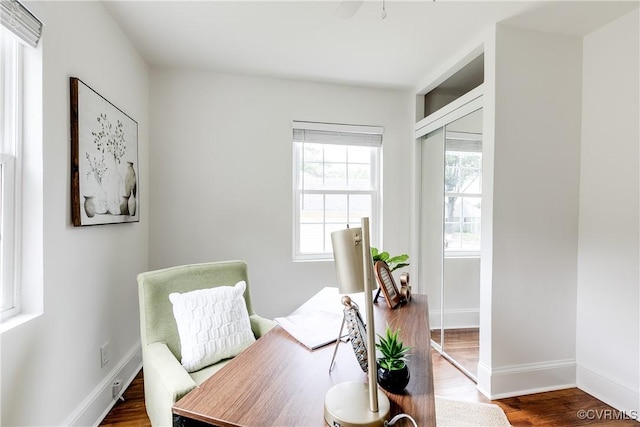 office space featuring dark wood-style flooring and baseboards