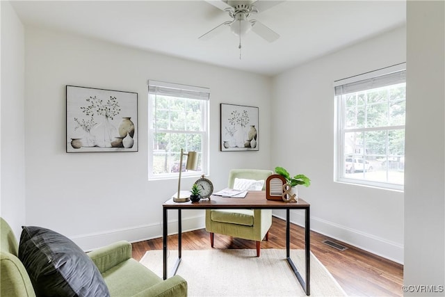 home office featuring baseboards, a wealth of natural light, ceiling fan, and visible vents