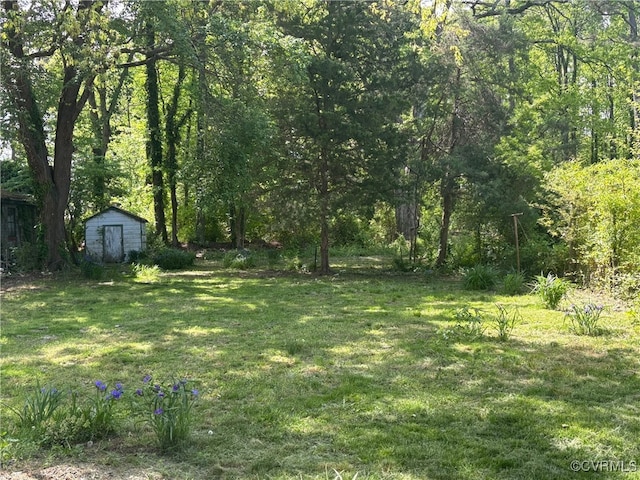 view of yard with an outbuilding, a storage shed, and a forest view