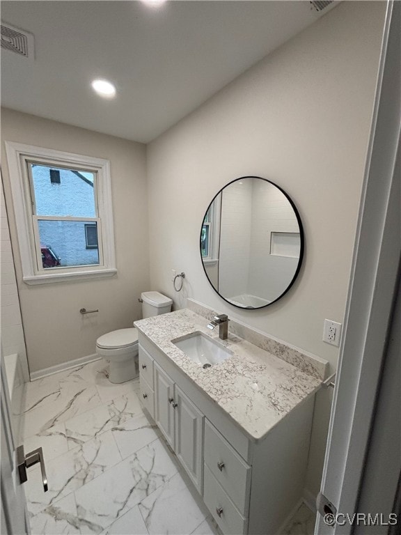 1409 Virginia Ave, Glen Allen, VA 23060 - bathroom with toilet, marble finish floor, baseboards, visible vents, and vanity