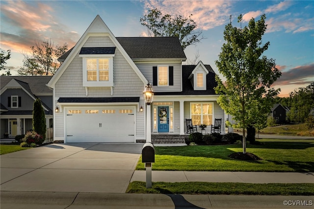 craftsman house with a garage, a front lawn, covered porch, roof with shingles, and driveway