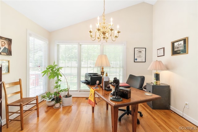 10932 Dominion Fairways Ln, Glen Allen, VA 23059 - office area featuring vaulted ceiling, an inviting chandelier, and light wood finished floors