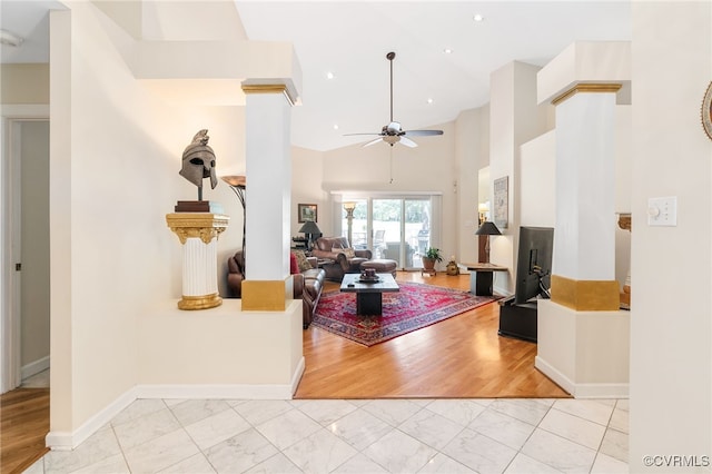 10932 Dominion Fairways Ln, Glen Allen, VA 23059 - living area with a high ceiling, baseboards, ceiling fan, marble finish floor, and recessed lighting