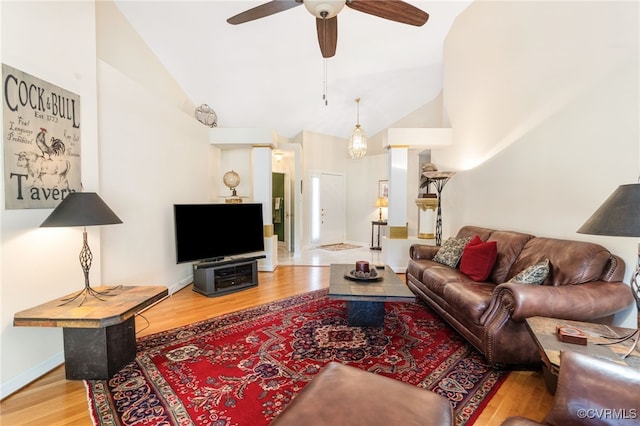 10932 Dominion Fairways Ln, Glen Allen, VA 23059 - living room featuring wood finished floors, baseboards, ceiling fan, and high vaulted ceiling