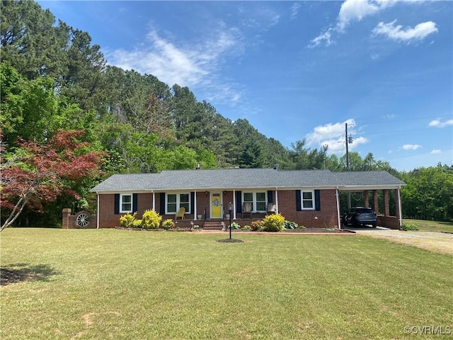 1195 Stingy Lane Rd, Blackstone, VA 23824 - ranch-style house featuring a carport, driveway, a front lawn, and brick siding