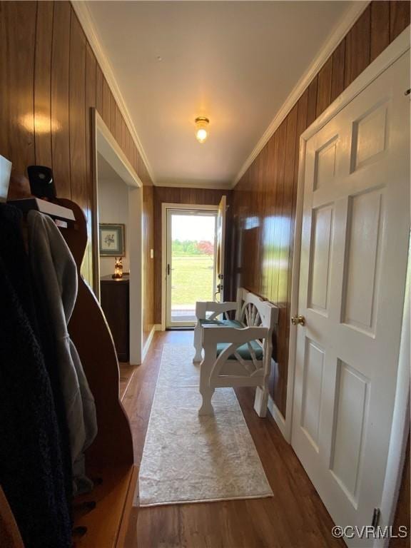 1195 Stingy Lane Rd, Blackstone, VA 23824 - interior space featuring baseboards, wood walls, ornamental molding, and wood finished floors