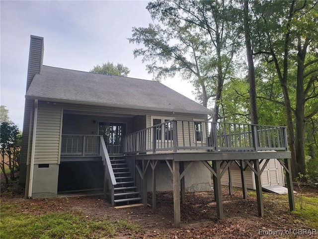 80 Anchorage Dr, Newport News, VA 23602 - rear view of property with stairs, a shingled roof, a chimney, and a deck