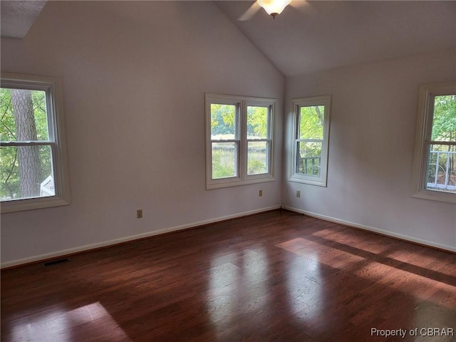 80 Anchorage Dr, Newport News, VA 23602 - spare room with ceiling fan, high vaulted ceiling, dark wood finished floors, baseboards, and visible vents