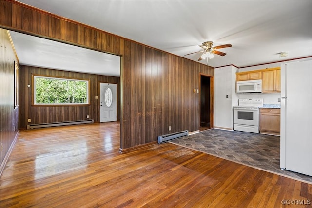kitchen featuring dark wood-style flooring, white appliances, ceiling fan, a baseboard heating unit, and a baseboard radiator