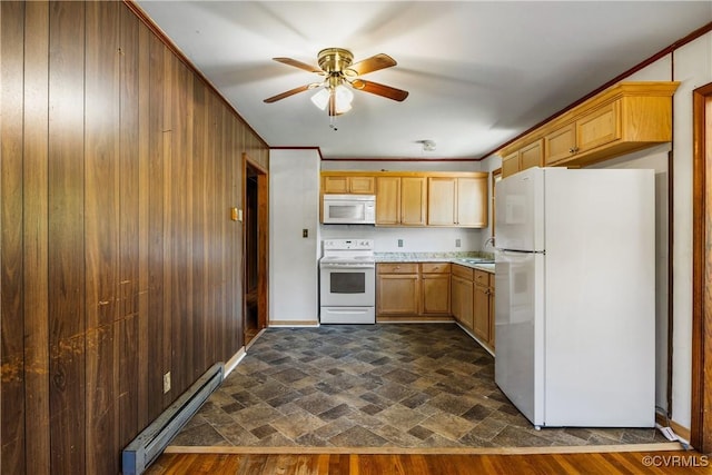 kitchen featuring white appliances, light countertops, wood walls, a ceiling fan, and a baseboard heating unit