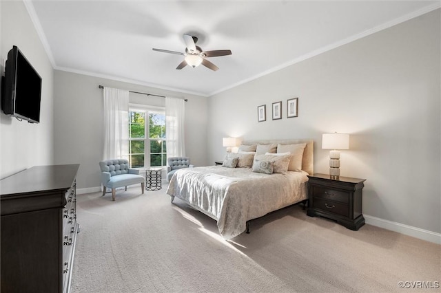 bedroom with light carpet, crown molding, baseboards, and ceiling fan