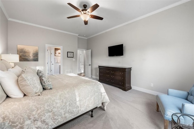 carpeted bedroom with crown molding, baseboards, and ceiling fan
