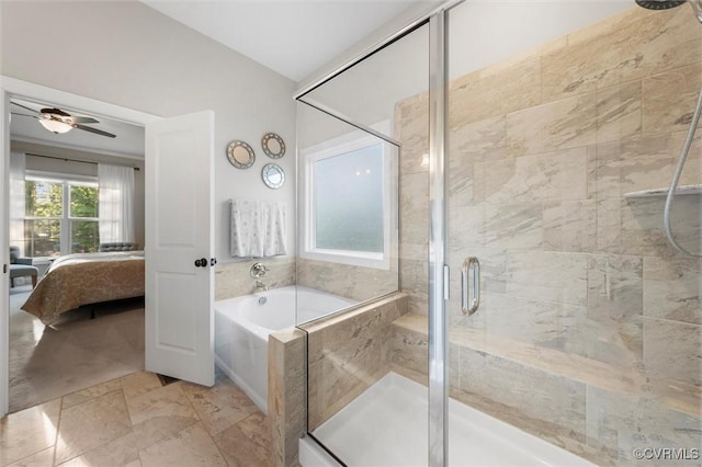 bathroom featuring a bath, a shower stall, connected bathroom, and ceiling fan