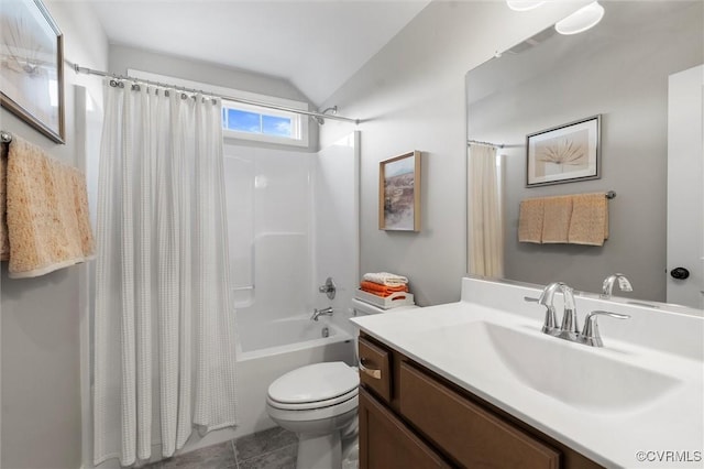 full bath with vaulted ceiling, toilet, shower / bath combo with shower curtain, vanity, and tile patterned flooring