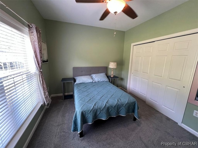 bedroom featuring a closet, carpet, and ceiling fan