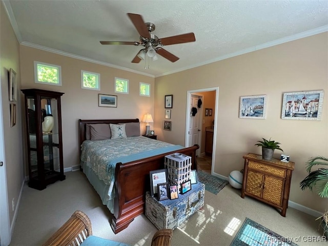 carpeted bedroom featuring baseboards, a ceiling fan, crown molding, and multiple windows