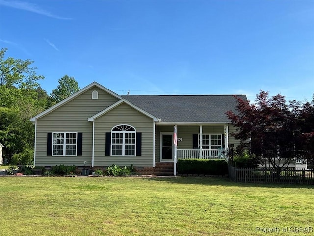 497 Mill Wharf Rd, Wake, VA 23176 - ranch-style house featuring covered porch, fence, a shingled roof, and a front yard