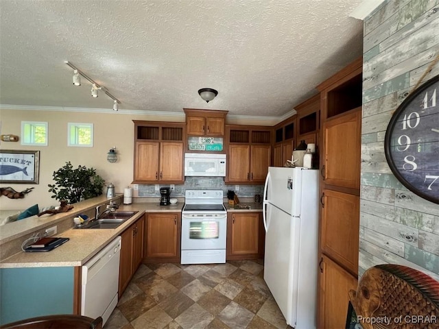497 Mill Wharf Rd, Wake, VA 23176 - kitchen with a peninsula, a sink, open shelves, white appliances, and light countertops
