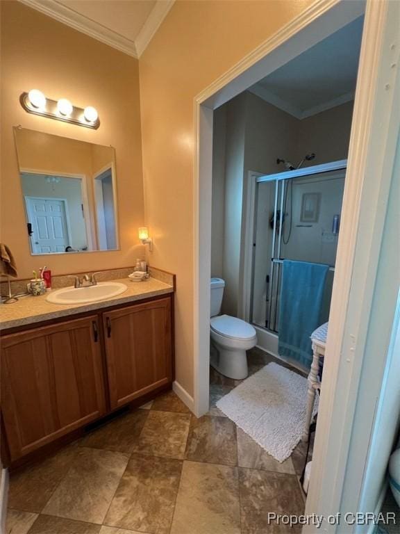 497 Mill Wharf Rd, Wake, VA 23176 - full bath featuring vanity, toilet, a shower stall, and ornamental molding