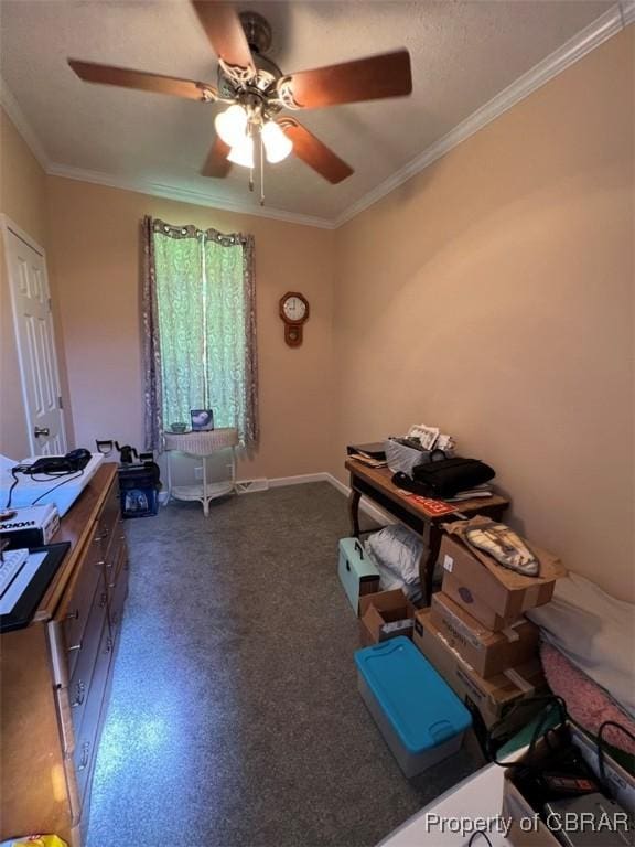 misc room with ornamental molding and ceiling fan