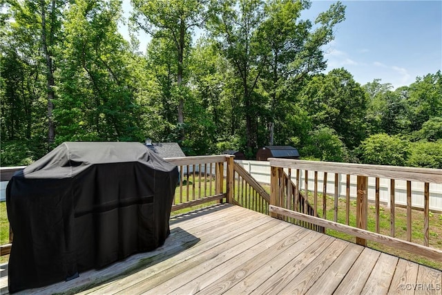 4721 Red Coach Ln, Sandston, VA 23150 - wooden terrace featuring a shed, an outdoor structure, and area for grilling