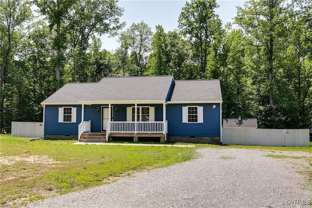 4721 Red Coach Ln, Sandston, VA 23150 - single story home with crawl space, covered porch, driveway, a front yard, and roof with shingles
