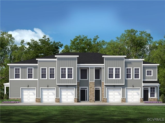 view of front of house featuring board and batten siding, an attached garage, and stone siding