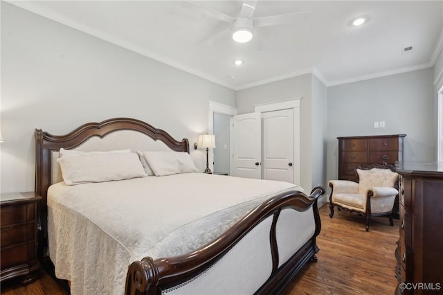 1910 Rose Ave, Richmond, VA 23222 - bedroom featuring crown molding, recessed lighting, ceiling fan, and dark wood-type flooring