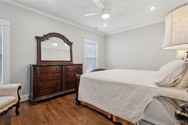 1910 Rose Ave, Richmond, VA 23222 - bedroom featuring crown molding, recessed lighting, ceiling fan, and dark wood finished floors