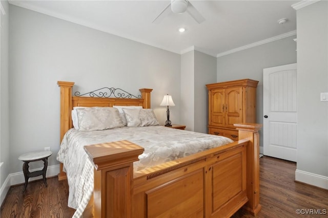 1910 Rose Ave, Richmond, VA 23222 - bedroom featuring ceiling fan, dark wood-style flooring, crown molding, baseboards, and recessed lighting