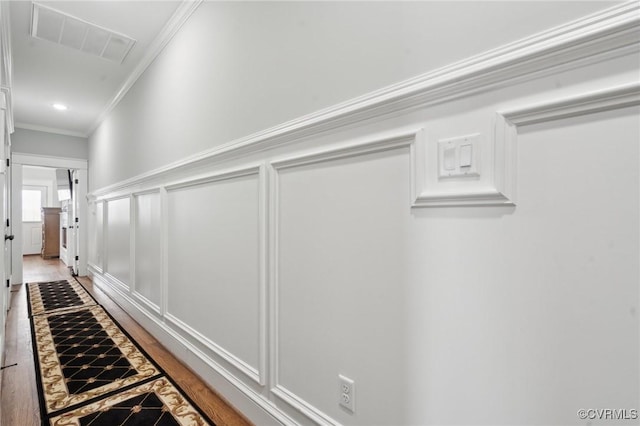 1910 Rose Ave, Richmond, VA 23222 - corridor featuring visible vents, crown molding, a decorative wall, recessed lighting, and a wainscoted wall