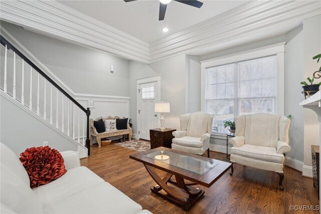 1910 Rose Ave, Richmond, VA 23222 - living area with baseboards, a ceiling fan, wood finished floors, and stairway