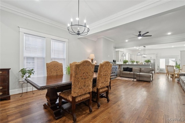 1910 Rose Ave, Richmond, VA 23222 - dining room featuring wood finished floors, baseboards, ceiling fan with notable chandelier, ornamental molding, and recessed lighting