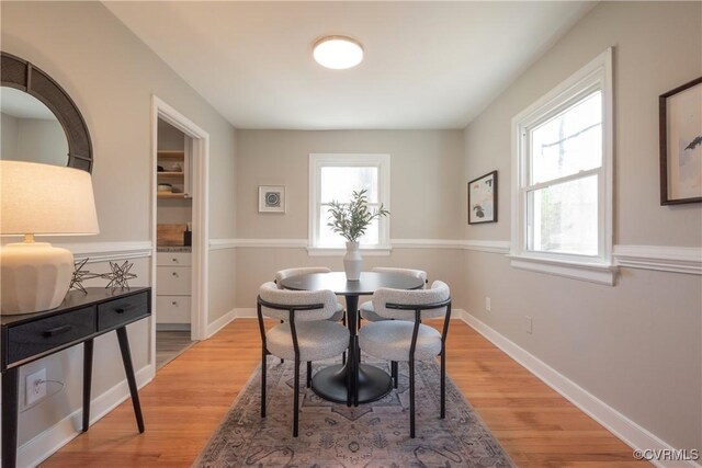 dining room with baseboards and light wood finished floors