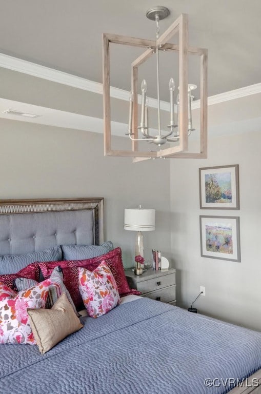 18731 Palisades Rdg, Moseley, VA 23120 - bedroom featuring crown molding, a notable chandelier, and visible vents