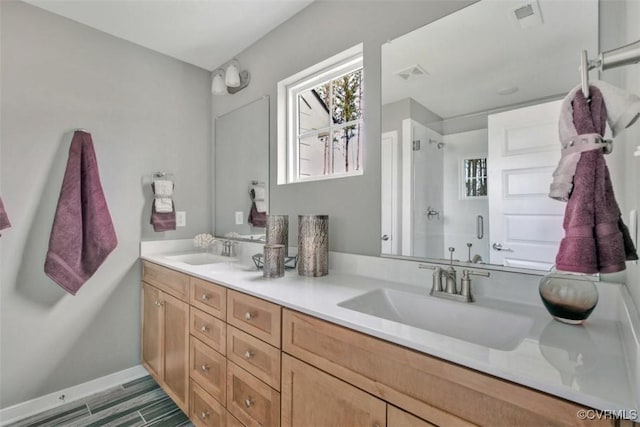 18731 Palisades Rdg, Moseley, VA 23120 - bathroom featuring double vanity, walk in shower, a sink, and visible vents