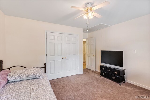 5841 Tuskwillow Dr, Richmond, VA 23832 - bedroom with light colored carpet, attic access, ceiling fan, and a closet