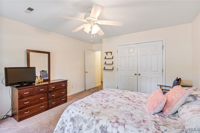 5841 Tuskwillow Dr, Richmond, VA 23832 - bedroom featuring a ceiling fan, visible vents, light colored carpet, baseboards, and a closet