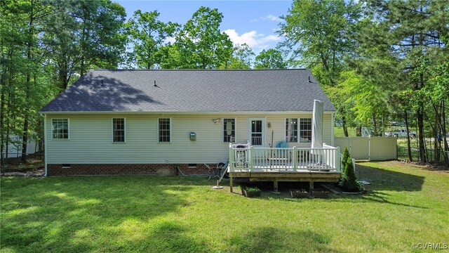 5841 Tuskwillow Dr, Richmond, VA 23832 - rear view of house featuring a lawn, crawl space, fence, and a wooden deck