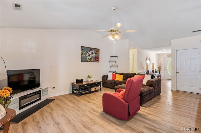 5841 Tuskwillow Dr, Richmond, VA 23832 - living area with a ceiling fan, visible vents, wood finished floors, and lofted ceiling