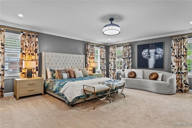 bedroom with crown molding, recessed lighting, and light colored carpet