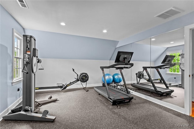 workout area with baseboards, recessed lighting, and visible vents